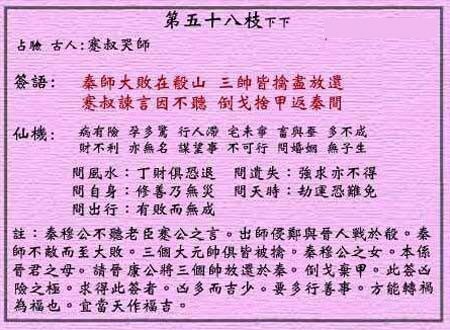 黄大仙灵签 第五十八签：下下签 蹇叔谏君